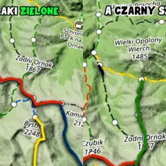 Fragment mapy turystycznej Tatr z zaznaczonymi szlakami o różnych kolorach, w tym czarnym.