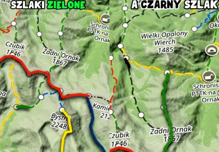 Fragment mapy turystycznej Tatr z zaznaczonymi szlakami o różnych kolorach, w tym czarnym.