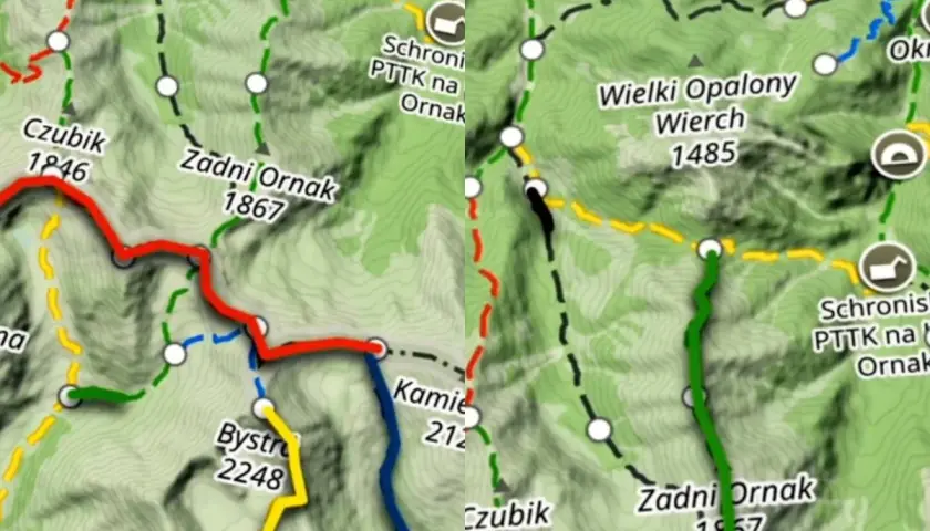 Fragment mapy turystycznej Tatr z zaznaczonymi szlakami o różnych kolorach, w tym czarnym.